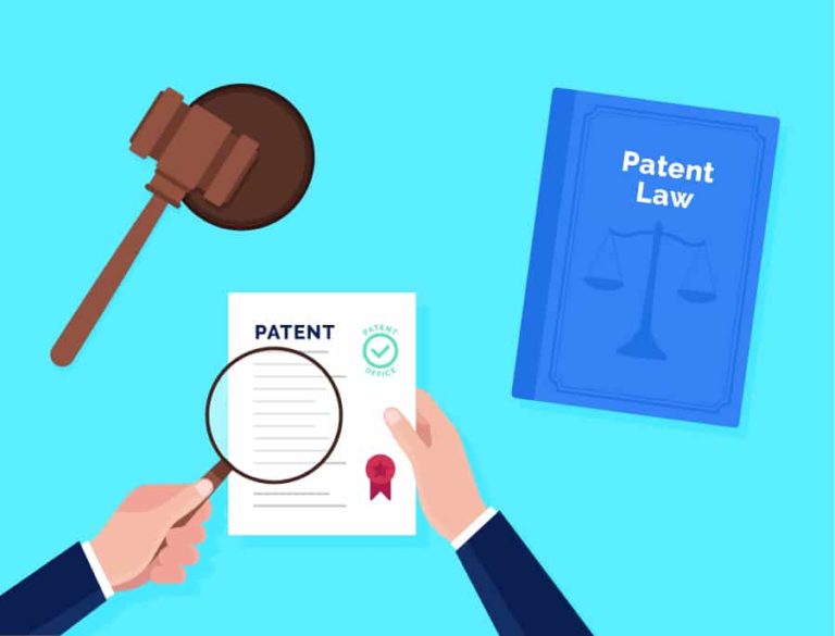 illustration of gavel, patent law book, and patent document with magnifying glass