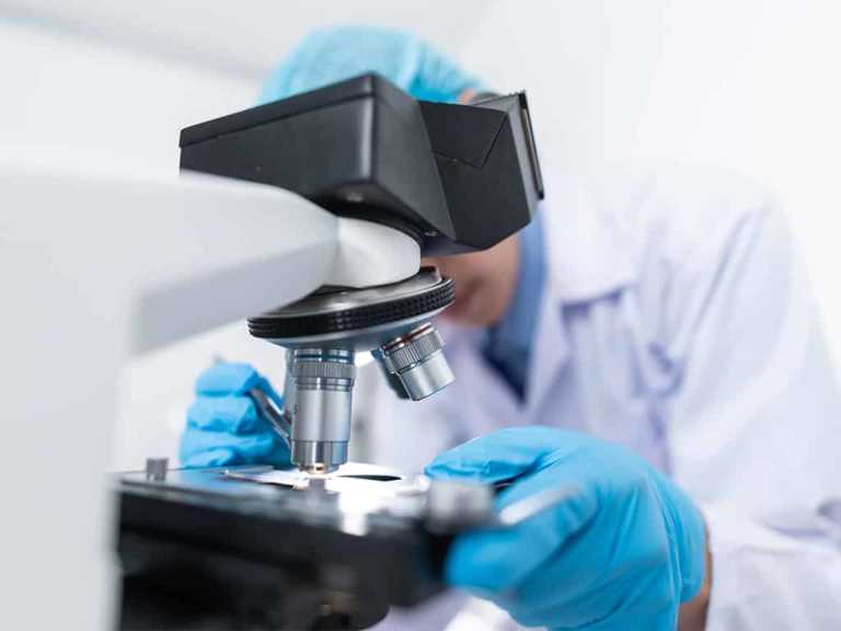 a medical technician using the microscope