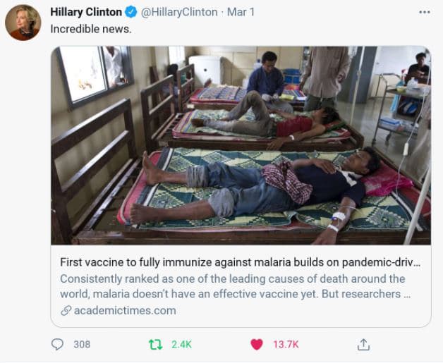 screenshot of Hillary Clinton's tweet showing Academic Times' article