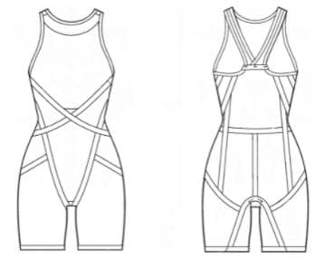 Front and rear internal views of the swimsuit, illustrating the arrangement of tension bands and reinforcement liners according to an exemplary embodiment of the disclosure