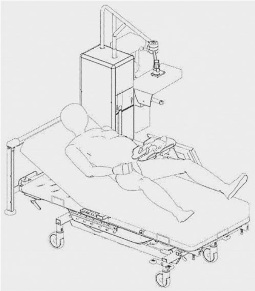 An embodiment of a resuscitation device according to the invention, in use next to a bed.