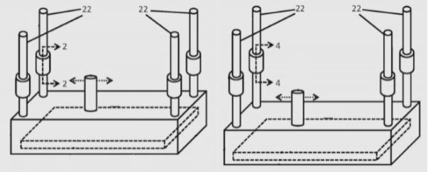 Illustrations of a ventilation hood system in clean [left] and dirty [right] conditions. See the extended legs [22] due to grease buildup in the appliance.