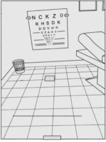 Fig. 3. A virtual eye chart located on a virtual wall. Users are instructed to read one line of the eye chart, and the system measures their progress as they read the alphanumeric characters.