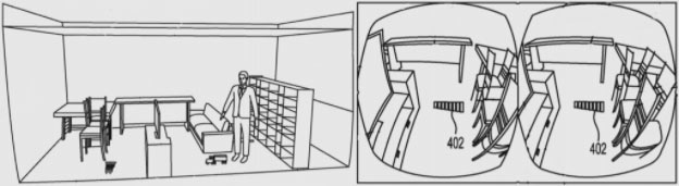 Fig. 1. [Left] A perspective view of one virtual room in a navigation course according to a preferred embodiment of the invention. [Right] The virtual room as displayed on a VR headset. A removable virtual obstacle, in this case, a toy xylophone [402], appears in the user’s path.